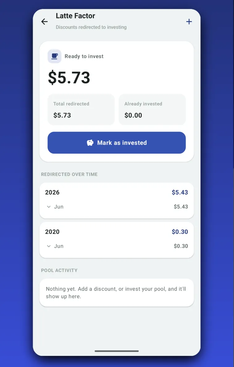 Cento Latte Factor screen showing savings redirected to investing