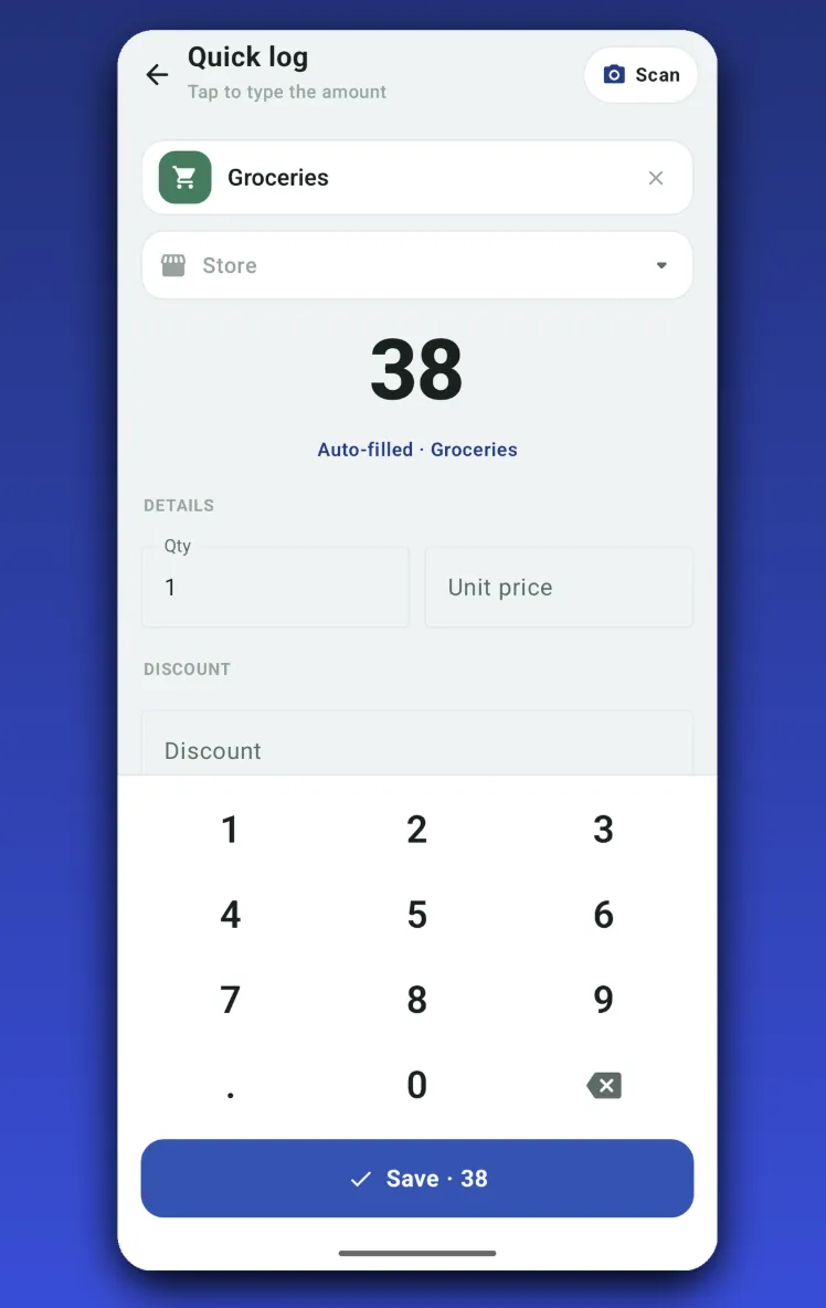 Cento quick-log screen entering an expense amount