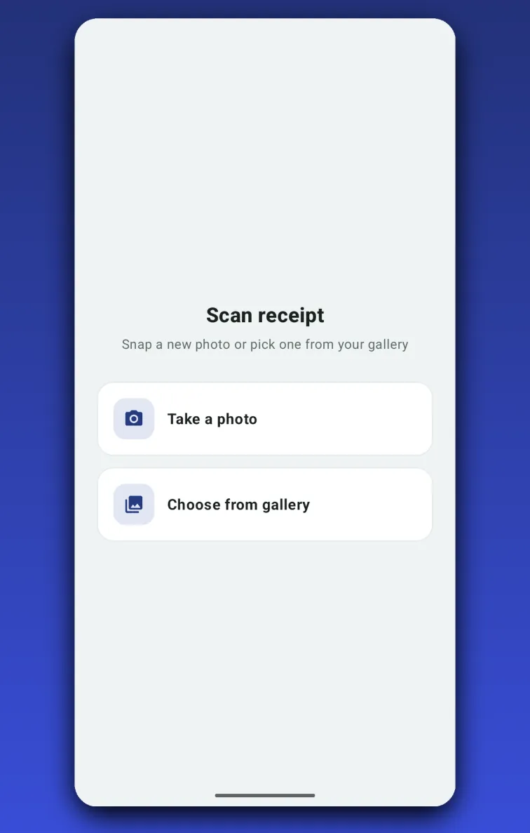 Cento scan-receipt screen with camera and gallery options