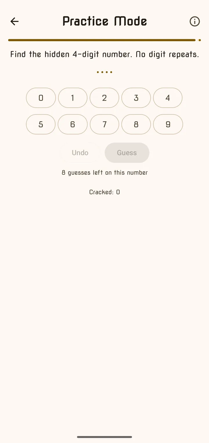Bulls and Cows with the digit keypad and guesses left