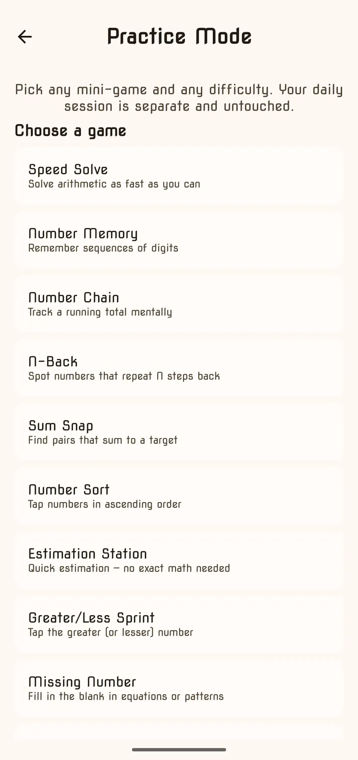 Practice Mode listing all the mini-games to choose from
