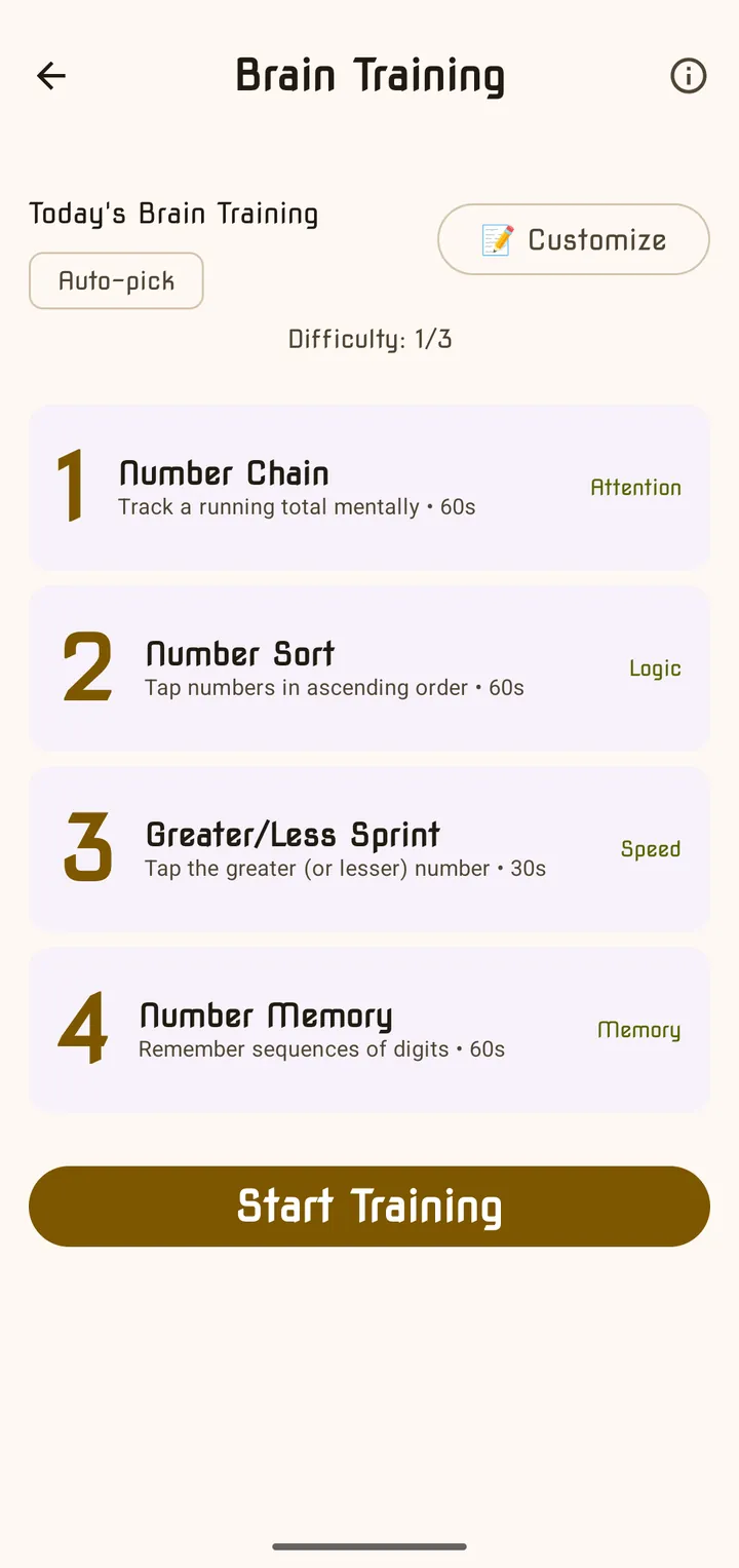 Today's Brain Training with four mini-games and the Start Training button