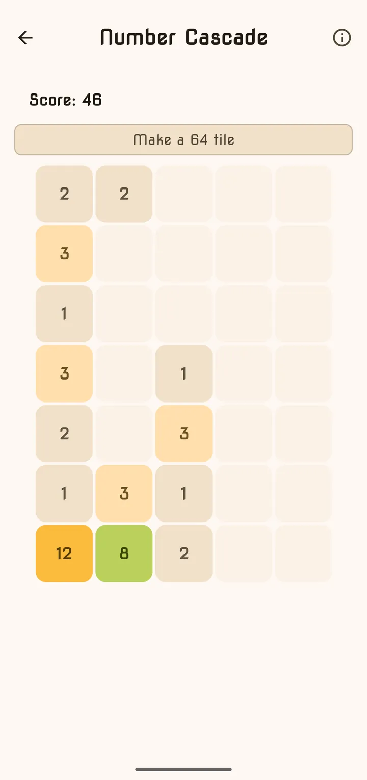 A Number Cascade board with merged tiles and the daily goal above it