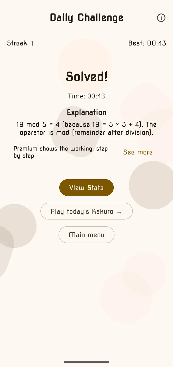 The Daily Challenge solved screen with the time, the explanation and buttons