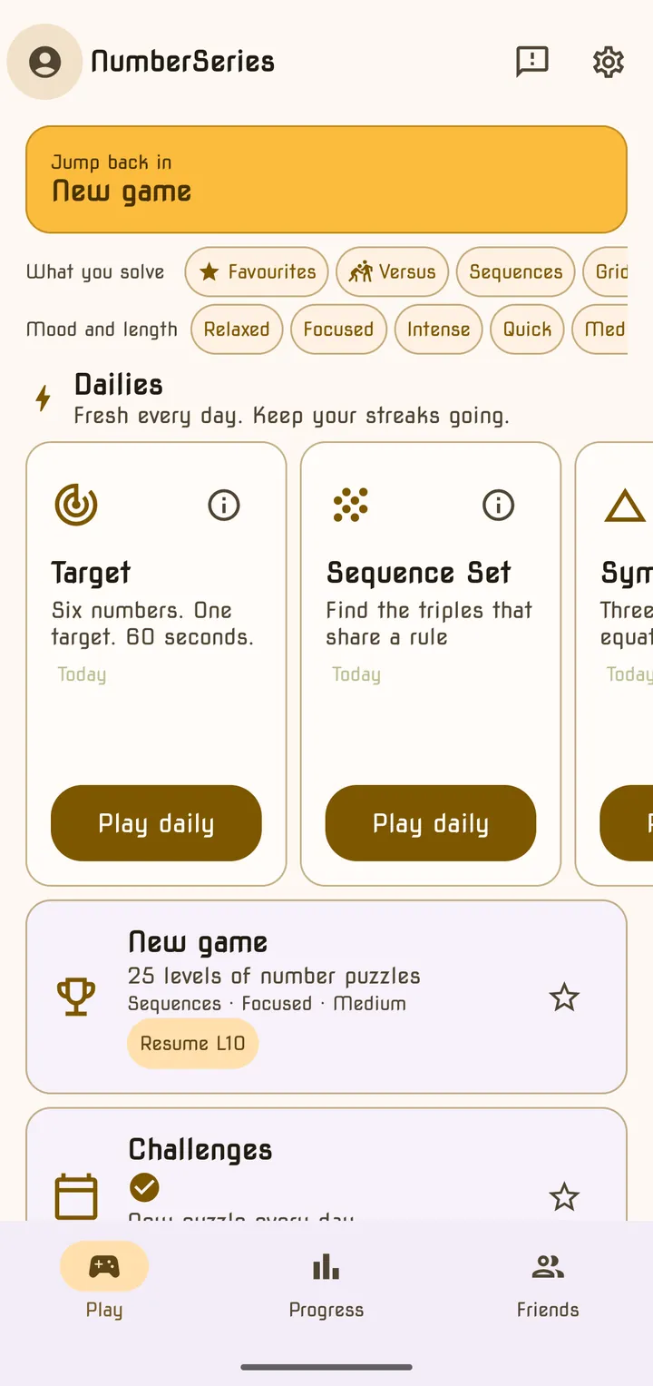 The Play tab showing Jump back in, the filter chips and the Dailies row