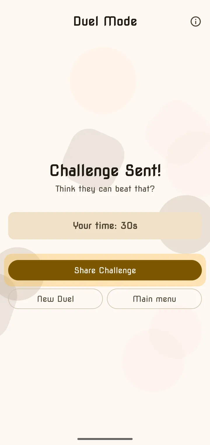 Duel Challenge Sent screen with your time and the Share Challenge button