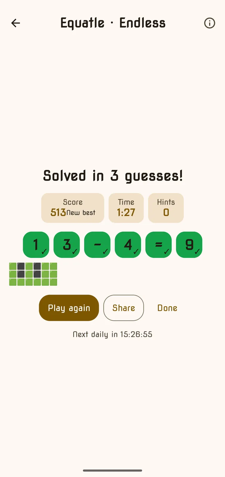 An Equatle round solved in three guesses with green tiles