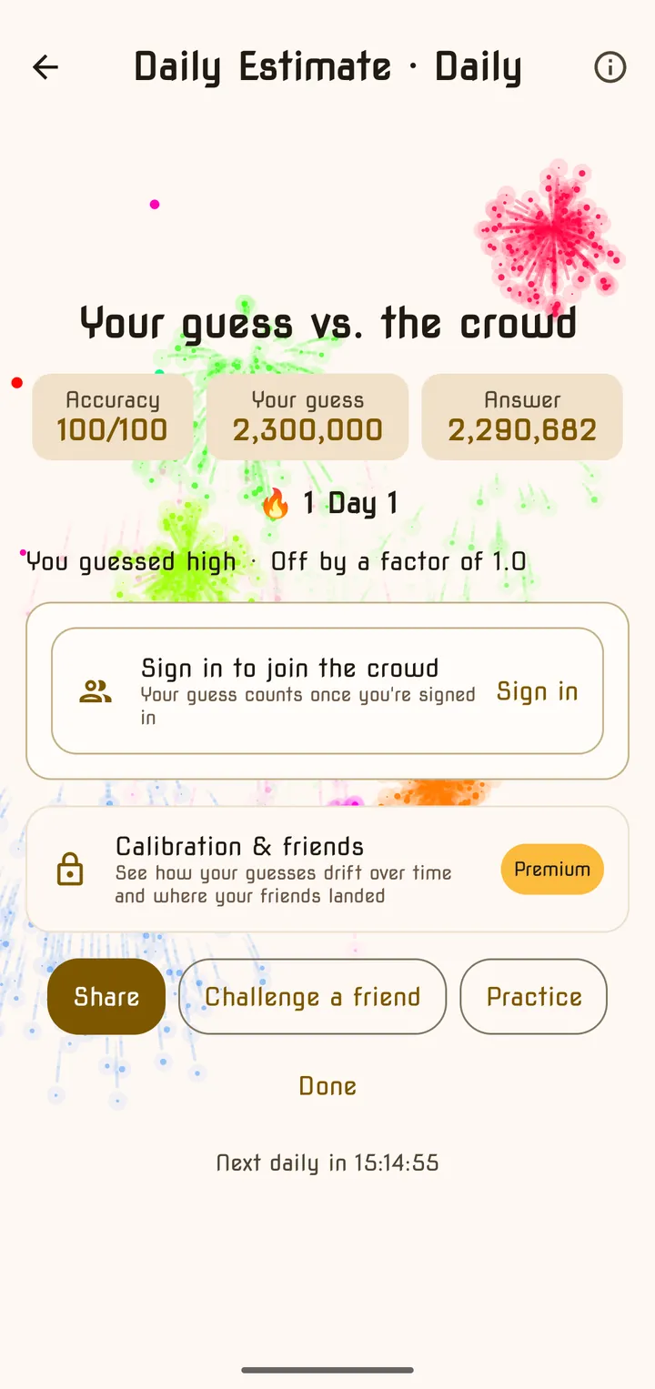 Daily Estimate result showing accuracy, your guess and the answer