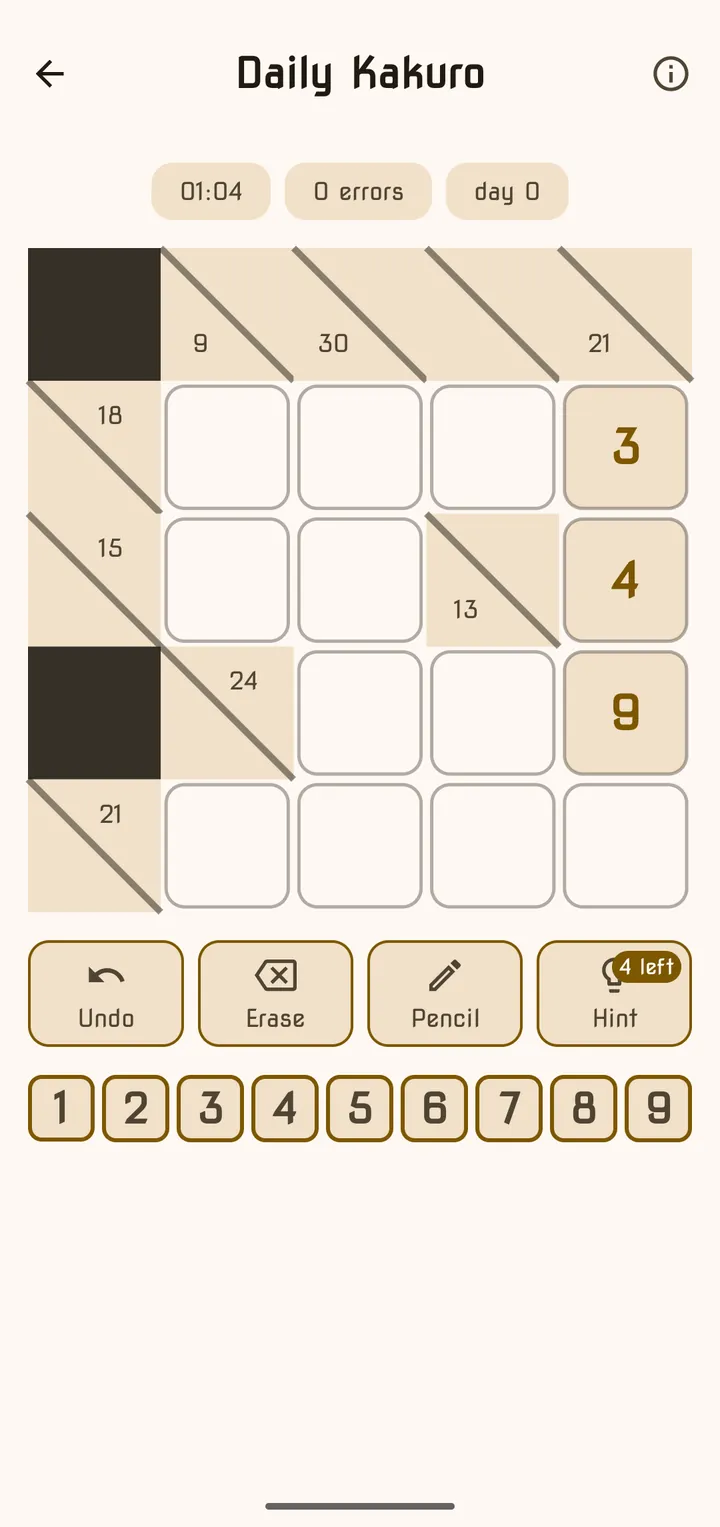 A daily Kakuro grid with clue cells, white cells, the tools and the digit keys