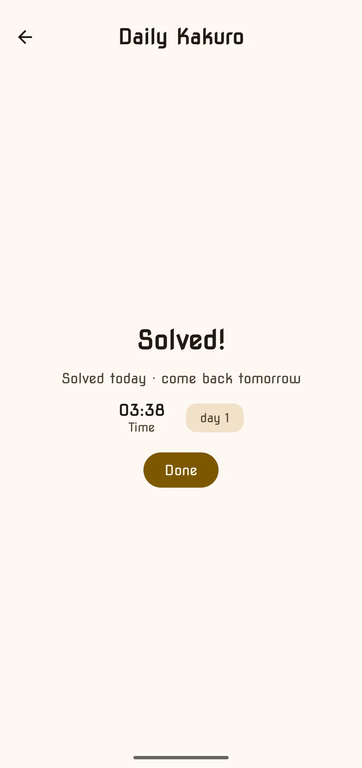 Daily Kakuro solved, with the time and the streak day