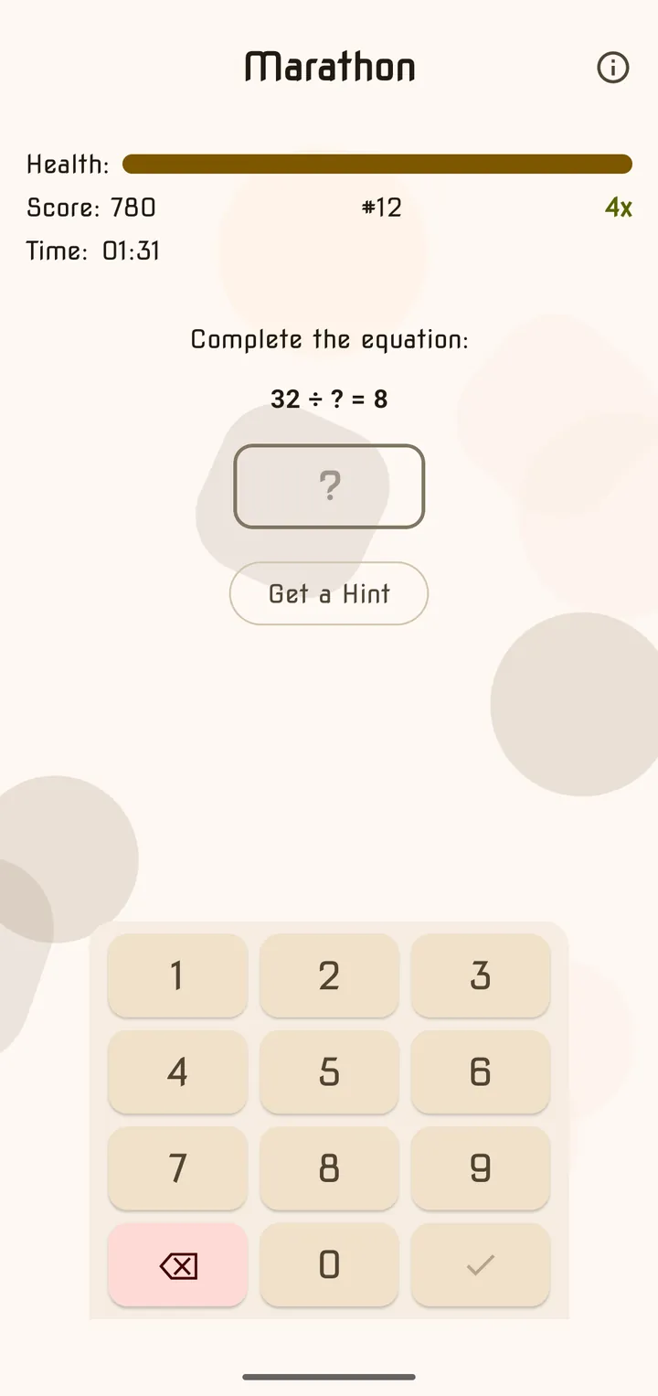 A Marathon puzzle with the health bar, score and multiplier