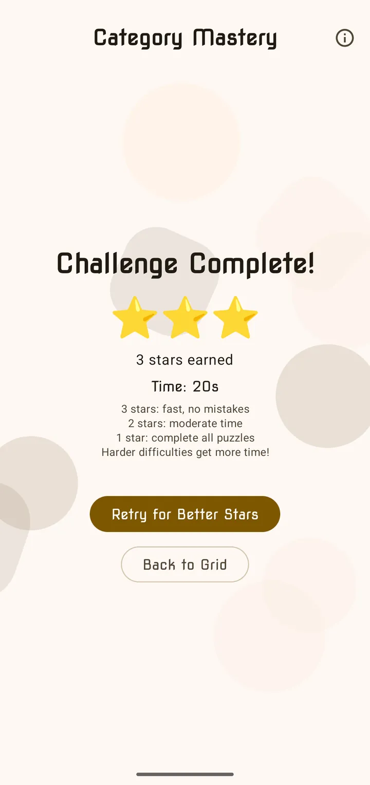 Challenge Complete with two stars earned and the time taken