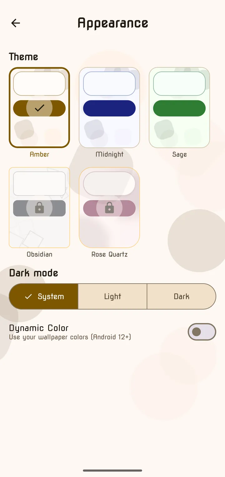 Appearance settings with the five themes, dark mode and Dynamic Color