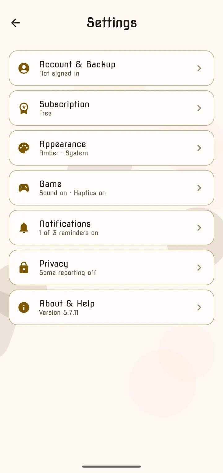 The Settings screen listing its seven sections with a summary under each