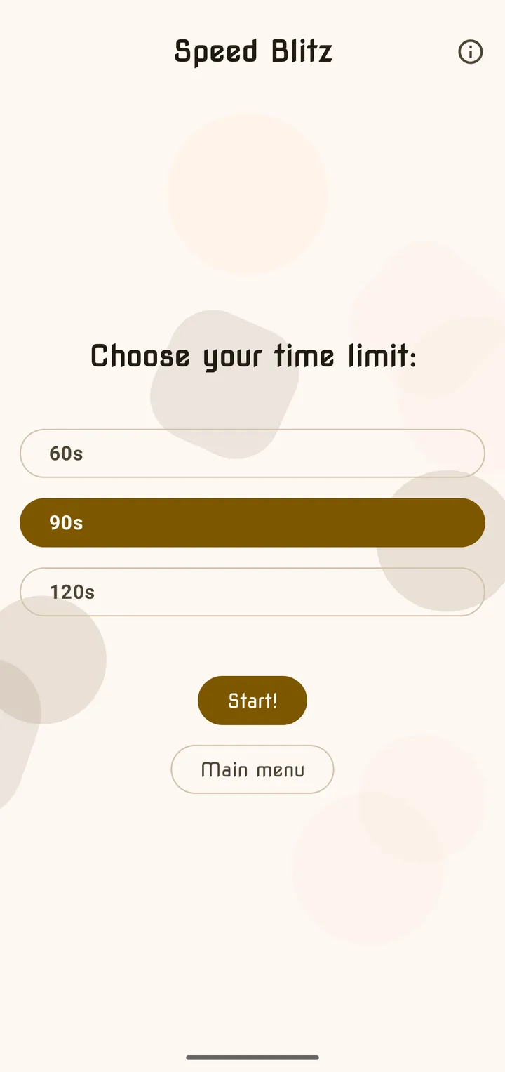The Speed Blitz screen asking you to choose a 60, 90 or 120 second time limit