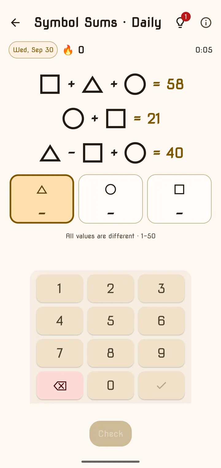 Symbol Sums with three equations of shapes and a box for each shape