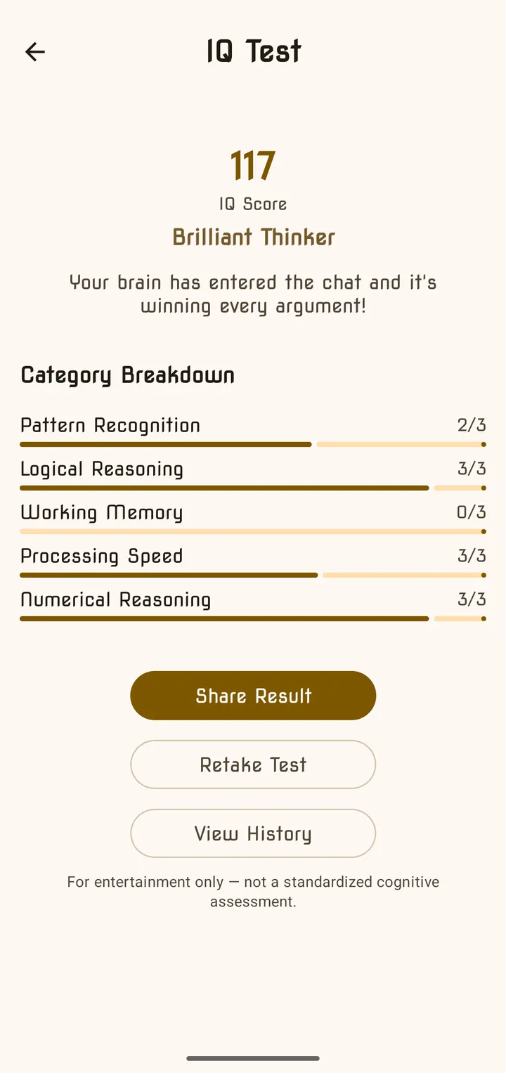 IQ Test result screen with a score of 117 and a breakdown by category