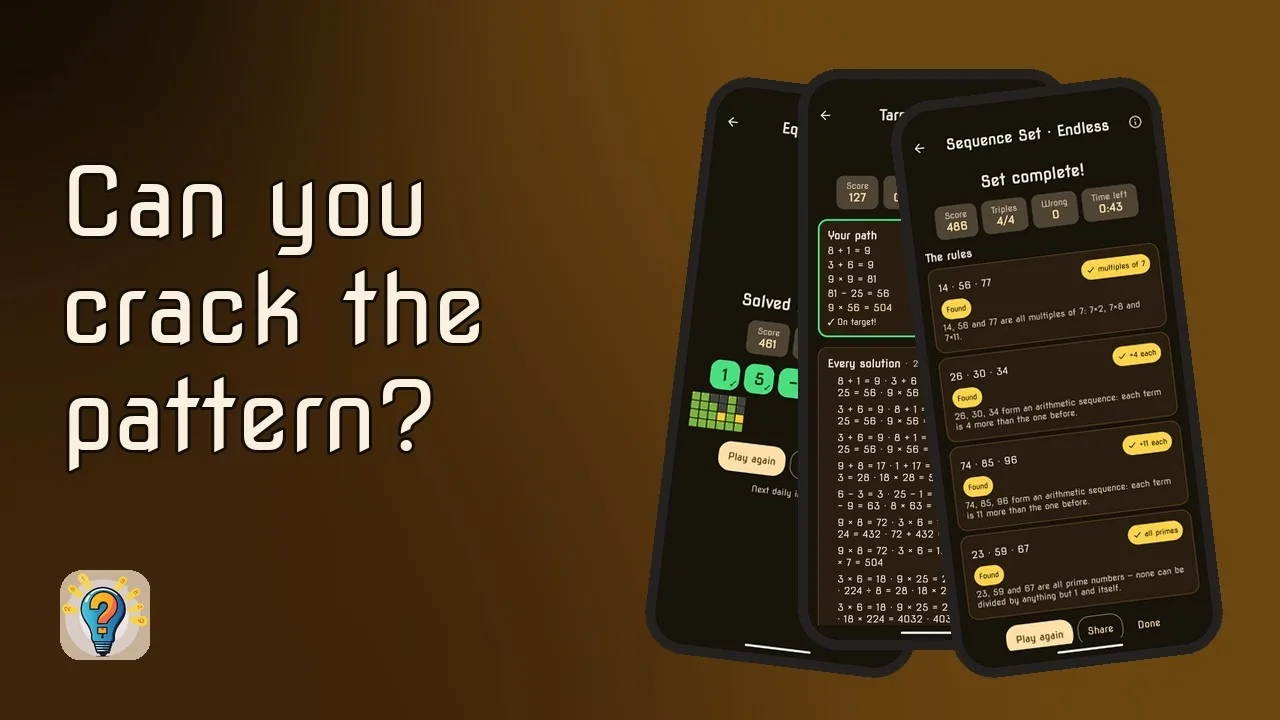 Number Series trailer: Equatle, Target and Sequence Set result screens — Can you crack the pattern?