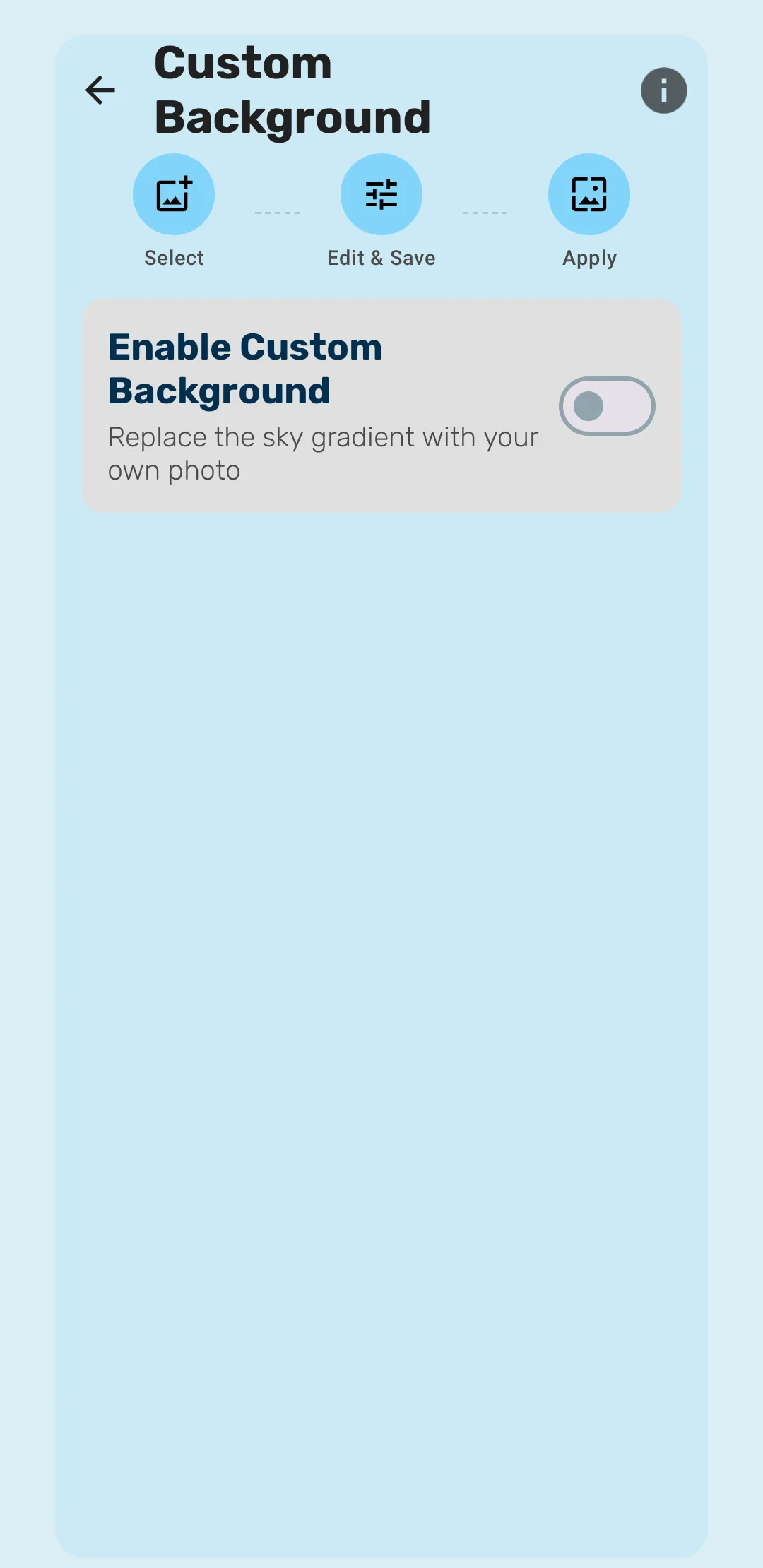 The Custom Background screen showing the Select, Edit and Save, and Apply steps