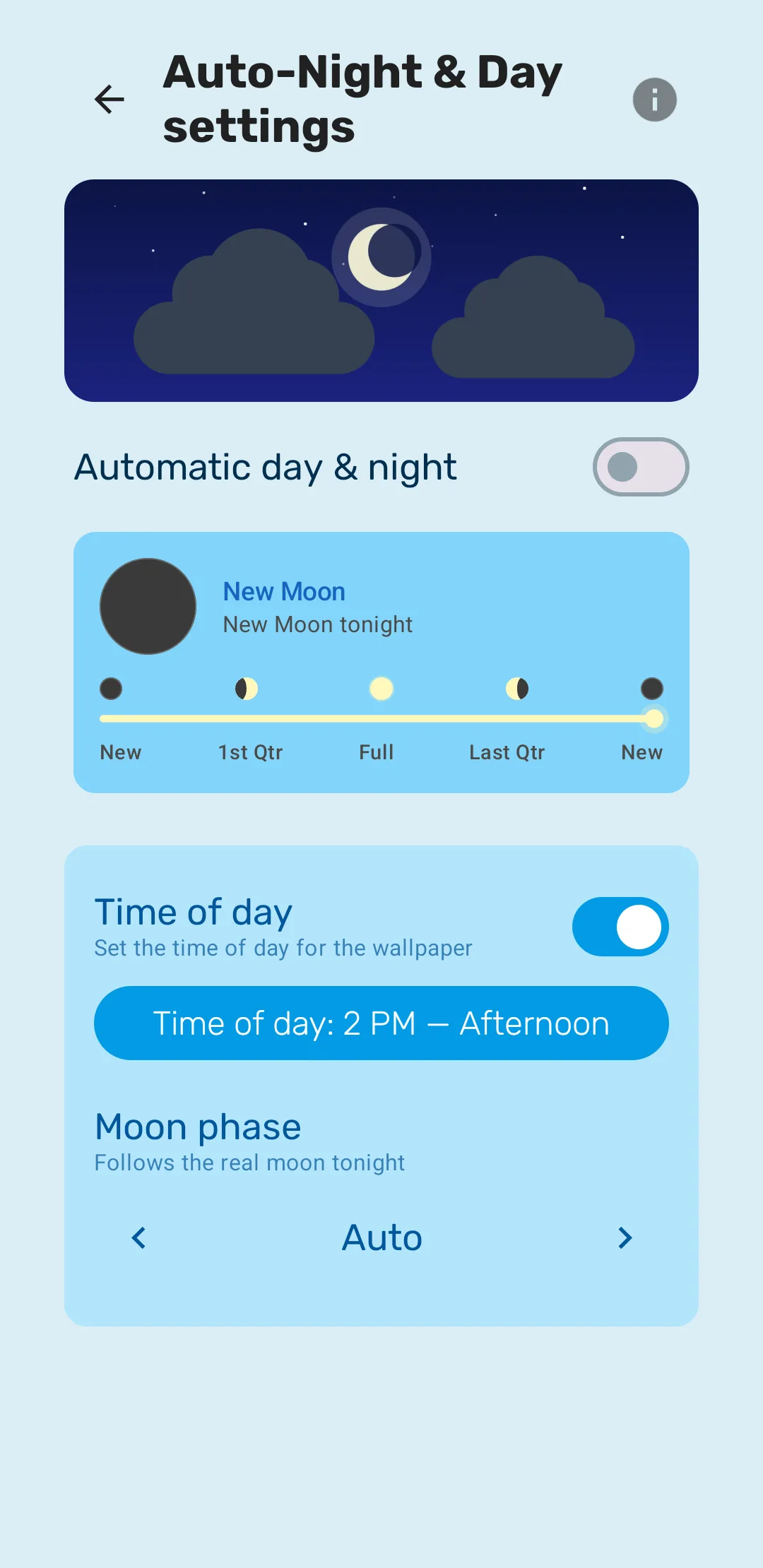 The Auto-Night and Day settings screen showing the moon phase timeline and the time of day override
