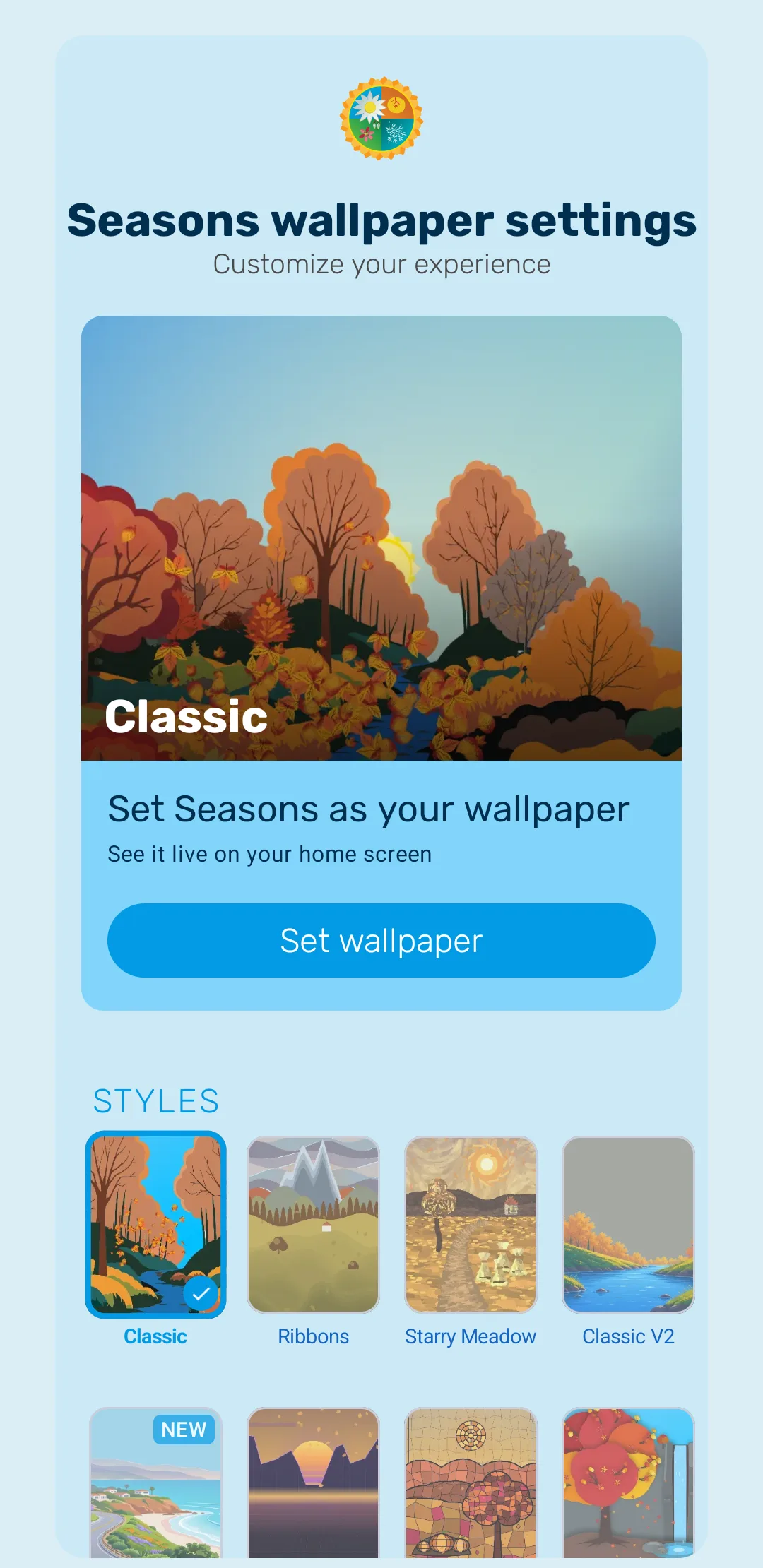 The Seasons settings screen showing the scene style grid with Classic applied