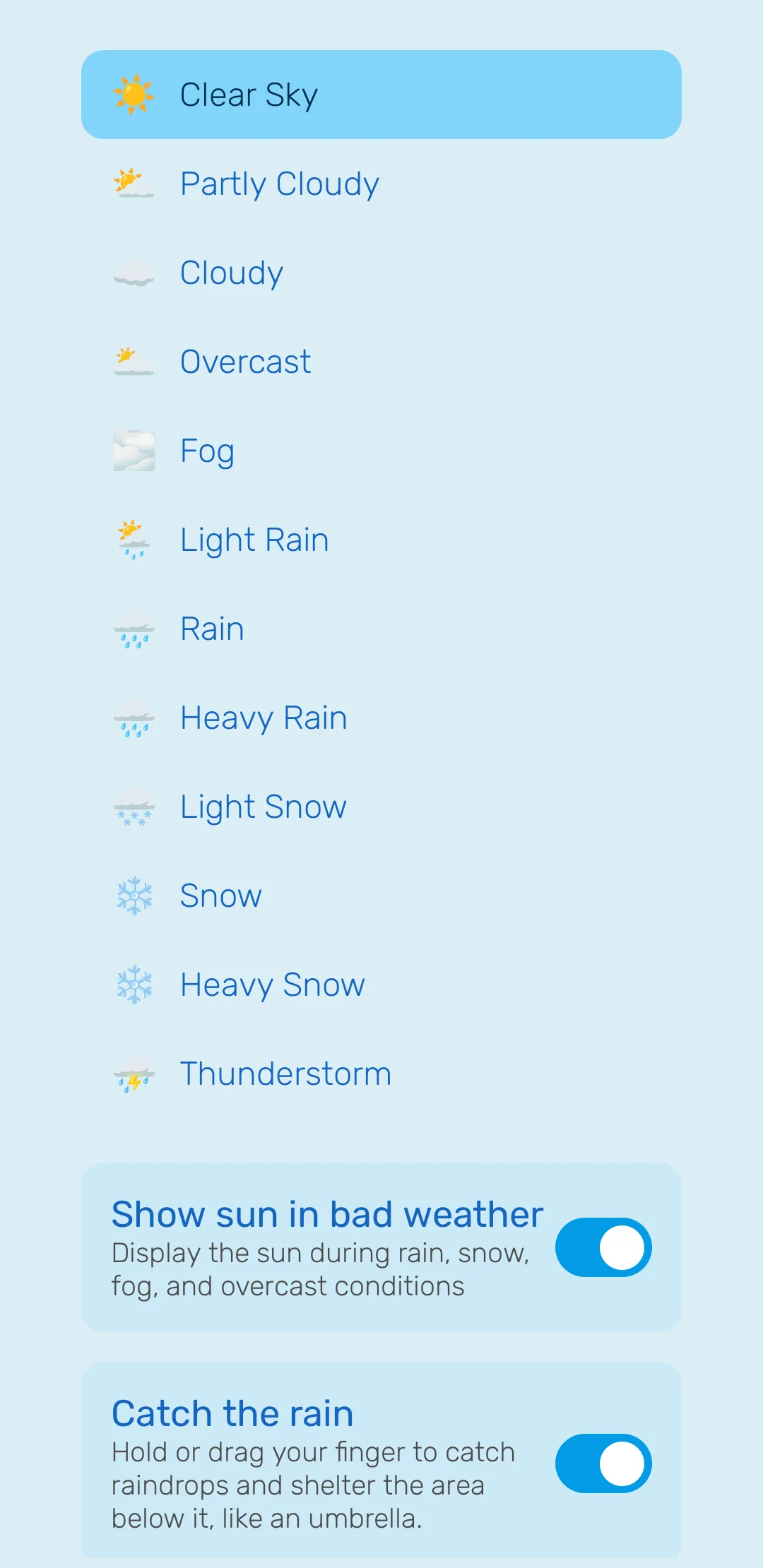 The Weather Settings screen listing all twelve weather conditions in manual mode