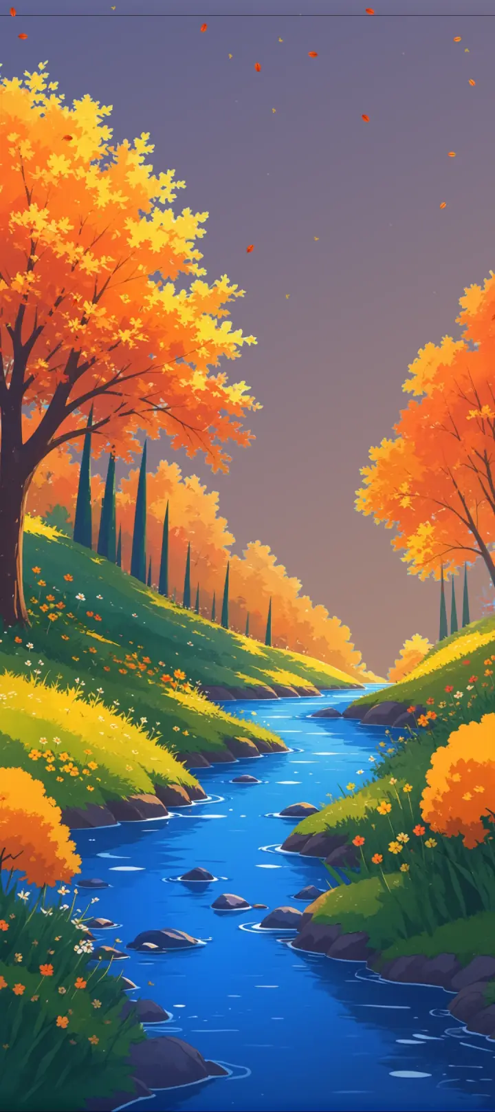 The autumn scene in Seasons Live Wallpaper, with falling leaves